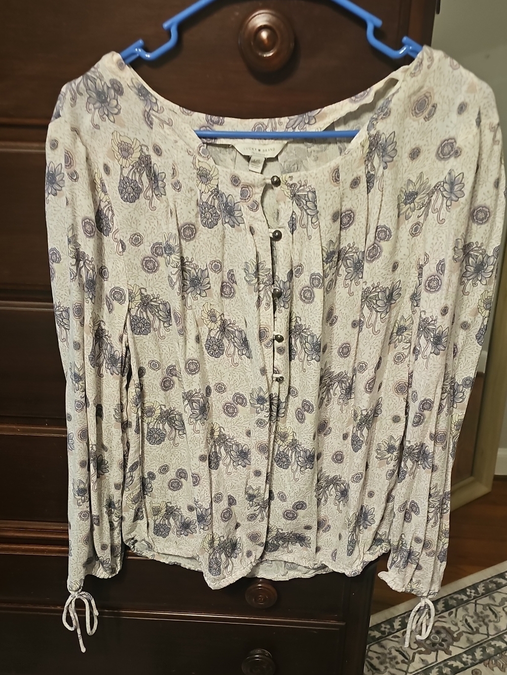 Lucky Brand Cream Blouse with Blue Floral Print